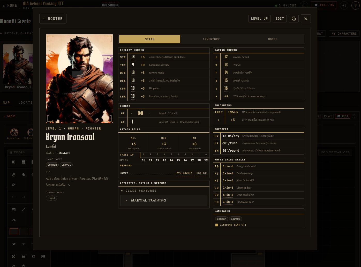 Old School Fantasy tracker — landing screen